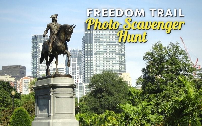 A photo of the George Washington Statue in Boston with some text